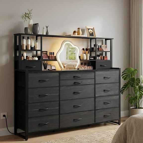 QUORIVE Mueble Almacenador 15 Cajones Negro Con Tomacorrientes Y Zona De Exhibición Superior