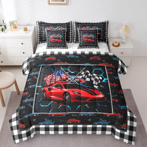 Homewish Red Sport Car Twin Bedding Sets 7-Piece for Kids Children Teens,USA Flag Bedding Comforter Set Microfiber,Geometric Plaid Honeycomb Breathable Sheet Sets,Lightweight Room Decor,Reversible