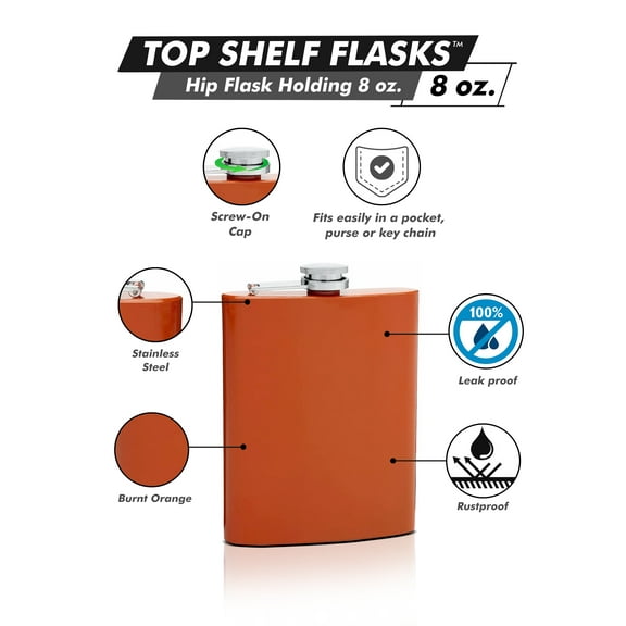 Burnt Orange 8oz Powder Coat PaintedHip Flask