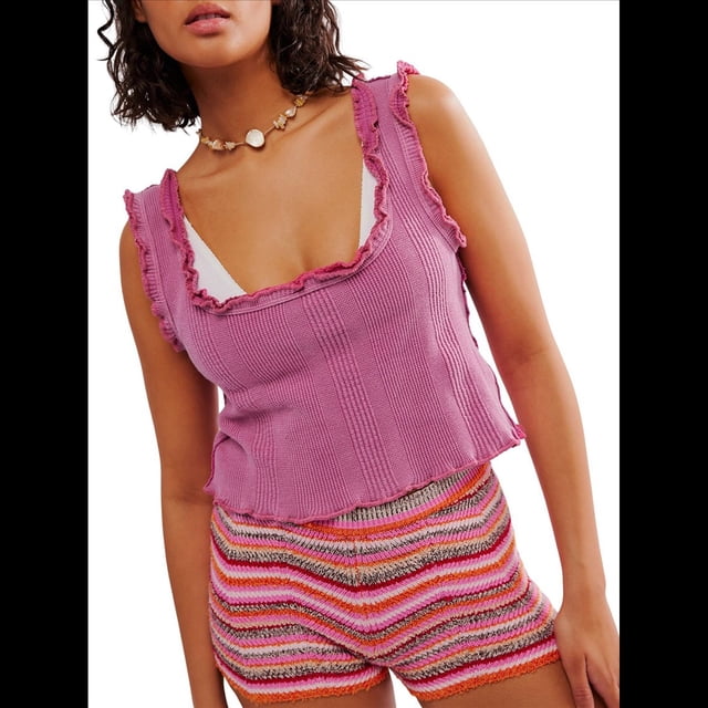 Camisola de Punto con Tirantes Anchos y Cuello Cuadrado Sin Mangas para Mujer, , de Verano Rosa Roja L