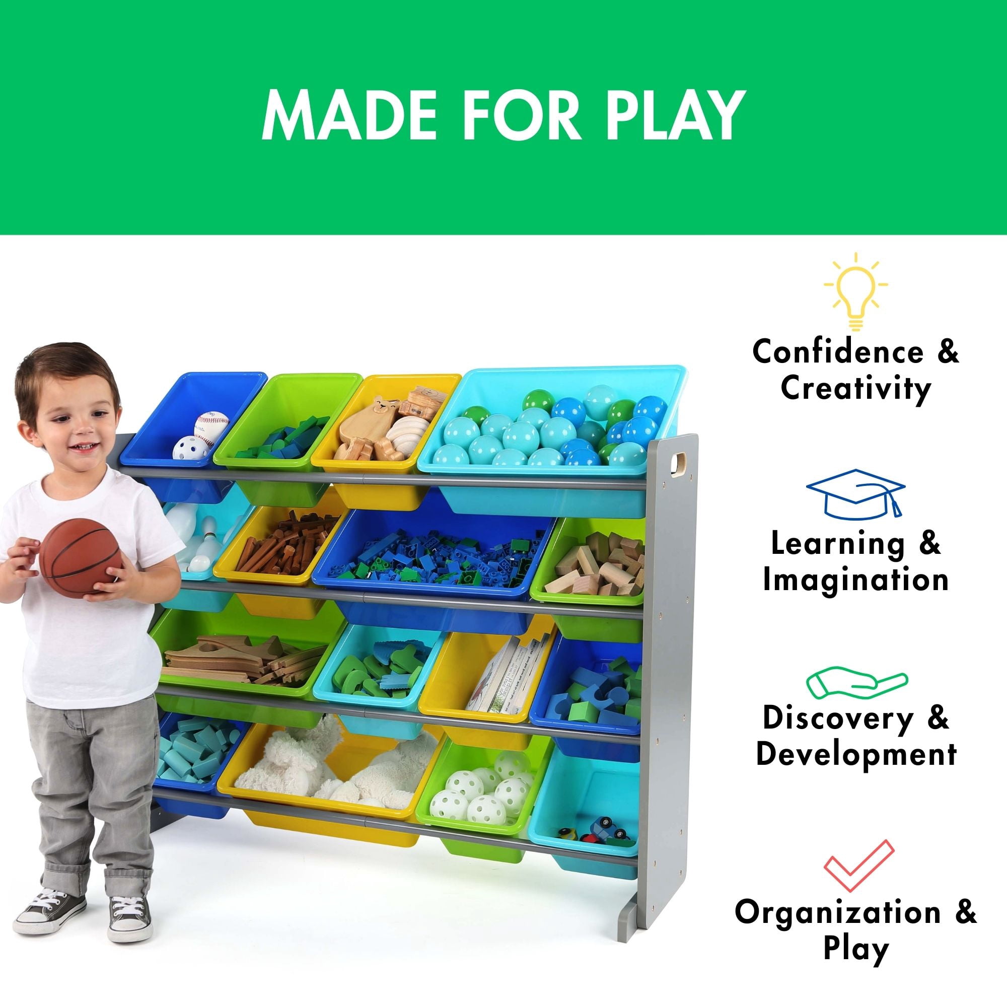 Humble Crew Storage Organizer with 16 Plastic Bins for Kids & Toddlers, Grey/Blue/Green/Yellow