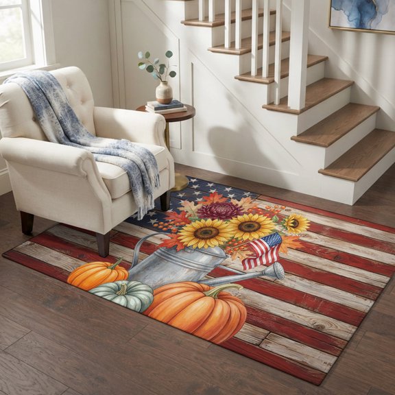 Area Rugs 4'x6'. Fall Pumpkins Sunflower Carpet Runner Indoor Outdoor Rugs Home Decor Aesthetic, American Flag Vintage Thanksgiving Non Slip Mats Washable Accent Rug for Living Room Bedroom