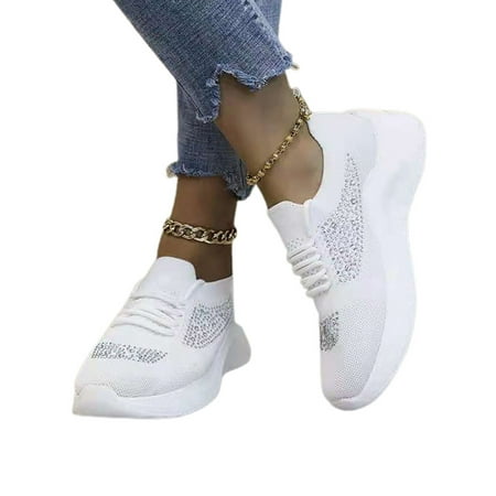 

WEARELLAS Womens Mesh Rhinestone Lace Up Sneakers Breathable Sports Gym Running Comfy Casual Trainers Shoes