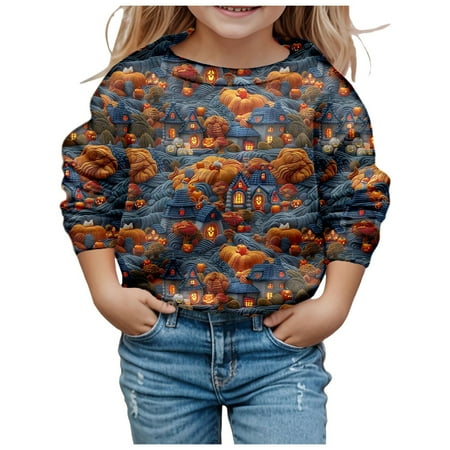 

Bjutir Toddler Girls Sweatshirts Children Fashion Halloween Cute Printed Crew Neck Hoodless Long Sleeve Sweatshirt Blue 11-12 Years