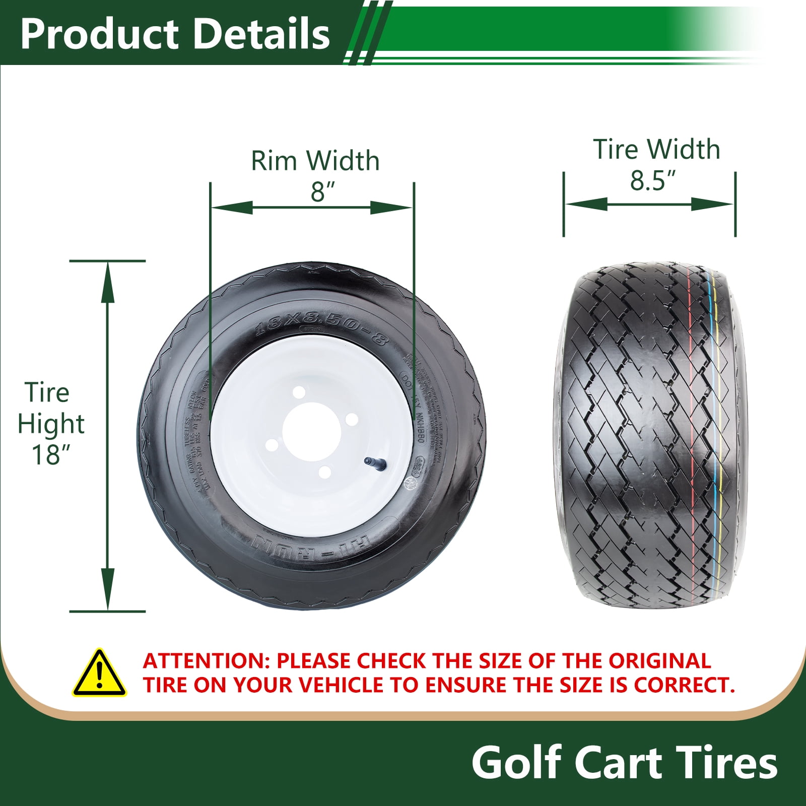Hi-Run 4 Set SU15 18X8.50-8 4PR Golf Cart Tires Wheel Assembly & 8X7 4 Lugs on 4" PCD White Rim Fits 18X8.5X8, 18X8.5-8