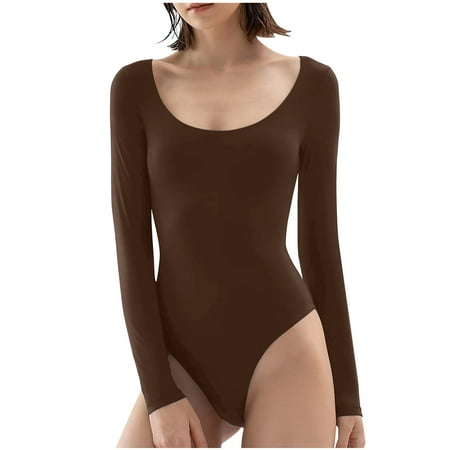 

JINMGG Womens Plus Size Clearance $5 Women s Long Sleeved Solid Color Fashion Round-Neck Tight Jumpsuit Shapewear Bodysuit Coffee M