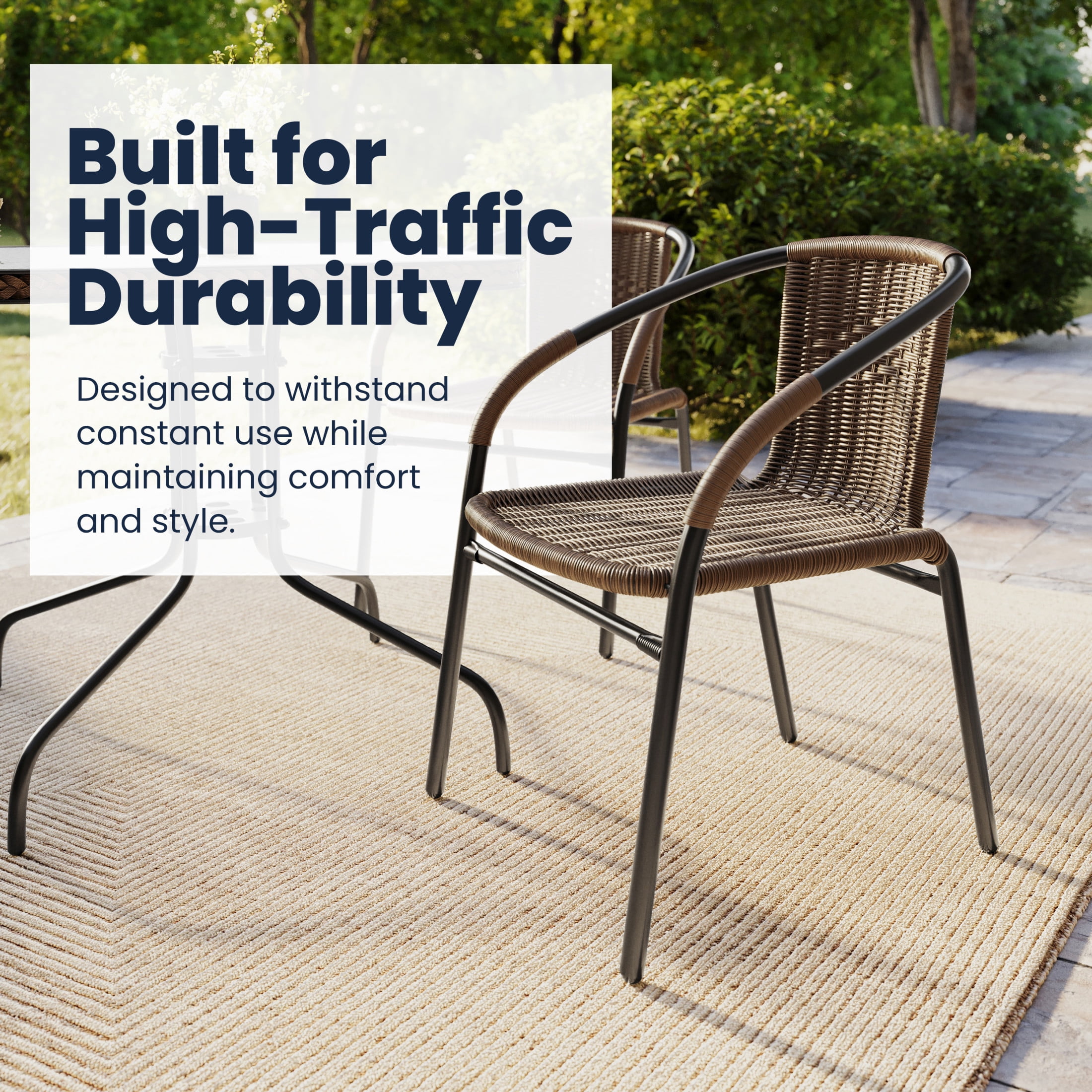 Flash Furniture 28'' Square Glass Metal Table with Dark Brown Rattan Edging and 4 Dark Brown Rattan Stack Chairs