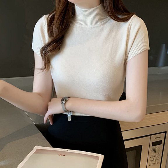 Women Half Turtleneck Shirts Summer Short Sleeve Knitted Tops Slim Shirts Tops