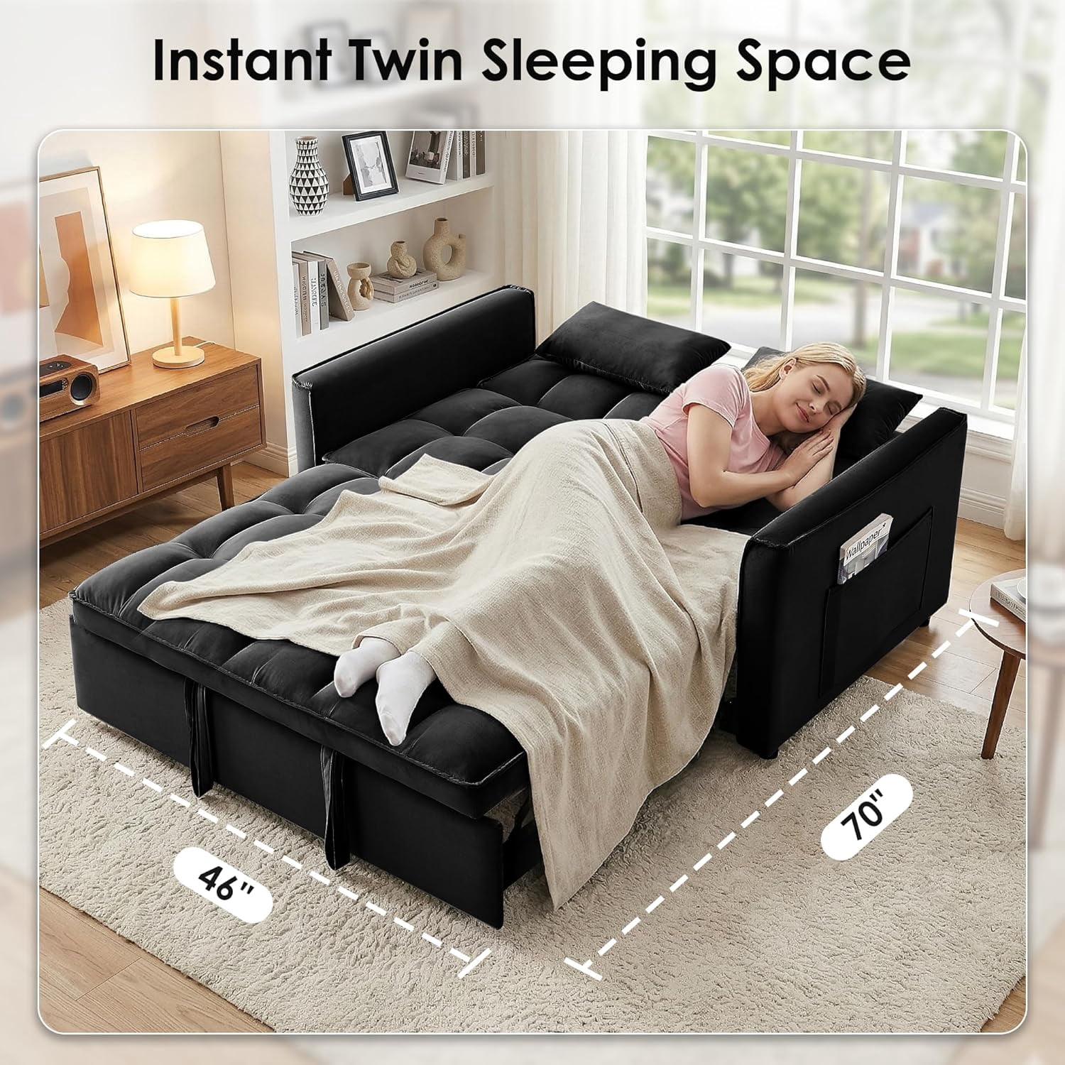 55" 3-in-1 Convertible Loveseat Sleeper Sofa, Velvet, with Pull-Out Bed, Reclining Backrest and Side Pockets, Black