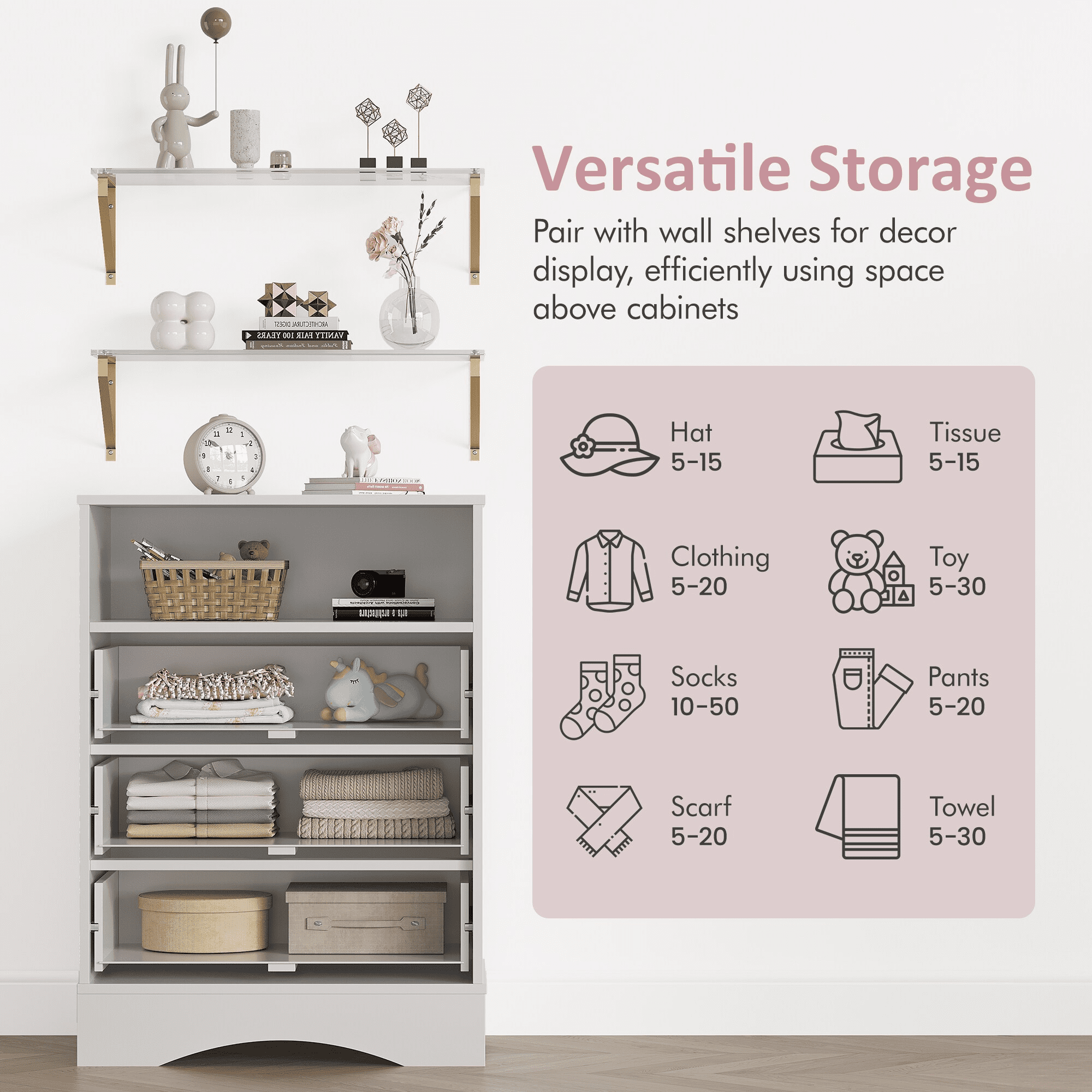 Mintazer Dresser with 3 Drawers & 2 Floating Shelves, Storage Bedside Night Stand with Open Shelf for Living Room, Bedroom & Closet, White