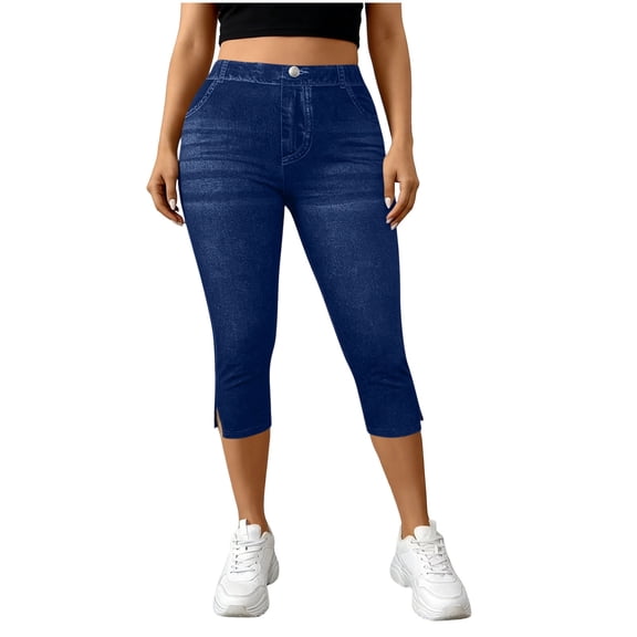 GUACER Capri Jeans for Women Fashion High Elastic Waisted Button with Fake Pockets Slim Stretchy Denim Capri Pants