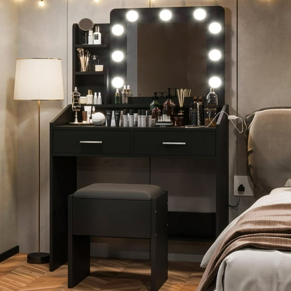 Vanity Desk with Mirror & Lights, Makeup Table with Charging Station, 3-Color LED, Hairdryer Holder & Storage Shelves, Includes Stool