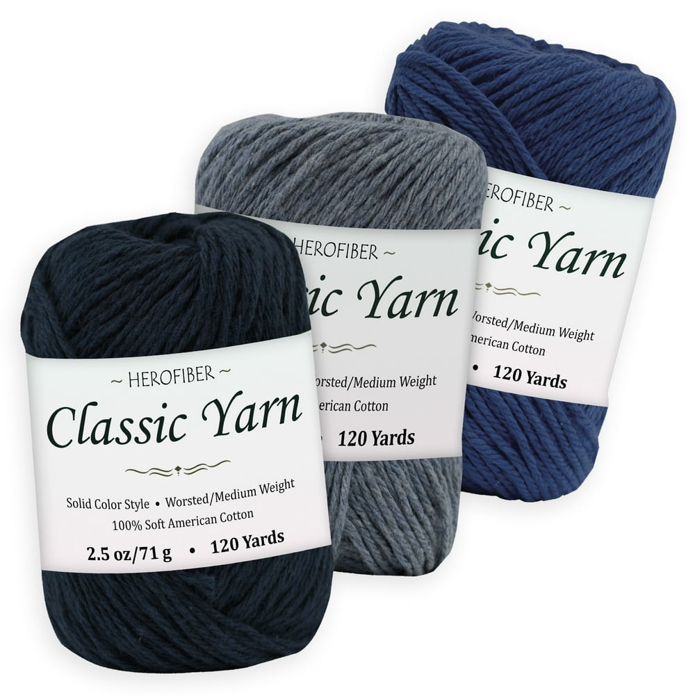 Cotton Yarn 3 Solid Colors [2.5 oz Each] Denim Dark + Denim Fair