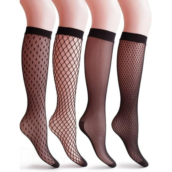 CAILDANL 4 Pairs Women's Fishnet Knee High Socks - Stylish Black   Hollow Out
