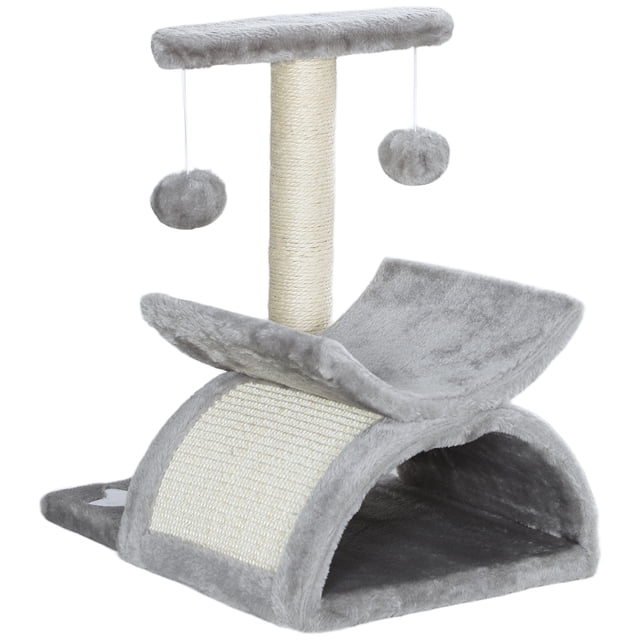 CoSoTower 17" Small Cat Tree with Scratching Post, Cat Tower with Rotatable Top Pole, Platform, 2 Dangling Balls, Light Grey