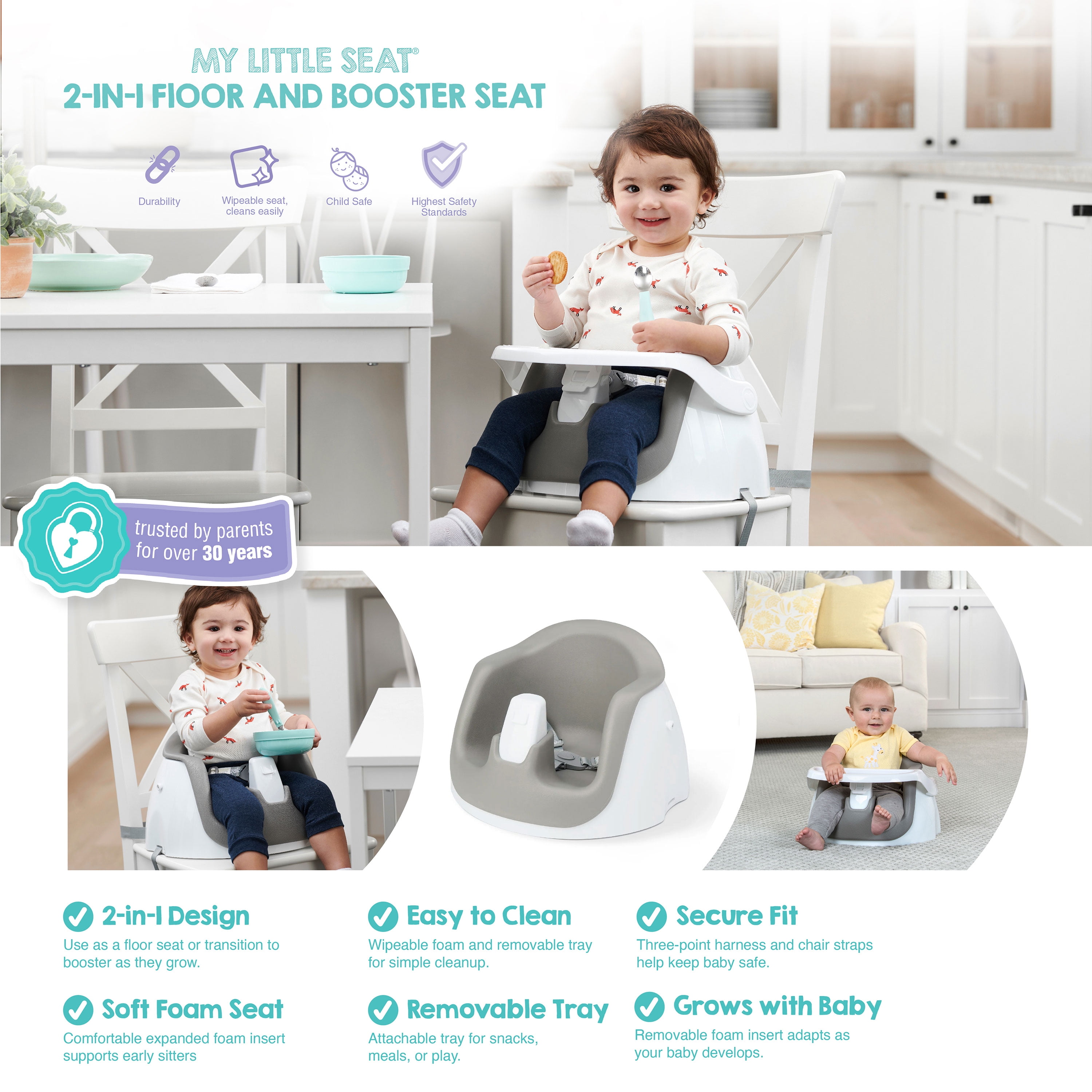 Regalo 2-in-1 Booster Seat and Grow with Me Floor Seat with Removable Feeding Tray, Indoor and Outdoor Activity Chair, Gray