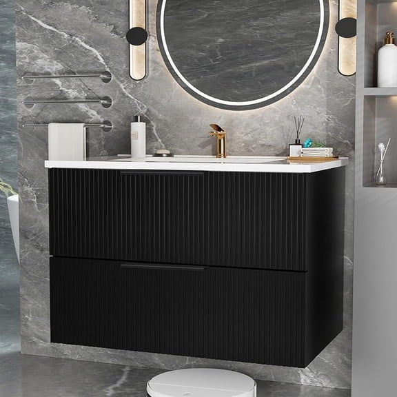 36" Bathroom Vanity with Sink, Floating Bathroom Vanity with Ceramic Sink & 2 Storage Drawers, Soft-Close Doors, Modern Wall Mount Bathroom Storage Cabinet for Small Space (Matte Black)
