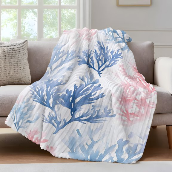 Blue Pink Coral Fleece Throw Blanket for Couch, Beach Ocean Summer Coastal Microfiber Flannel Blanket for All Season, Lightweight Soft Throw Blankets for Gifts, Home Decor, 32"x47"