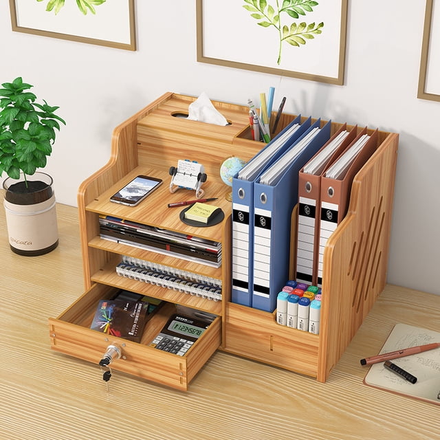 Organizador de escritorio de madera con cajón Almacenamiento de archivos de escritorio de gran capacidad Clasificador de documentos A4 Suministros de oficina Caja de almacenamiento para el hogar Ofici kaili Sencillez