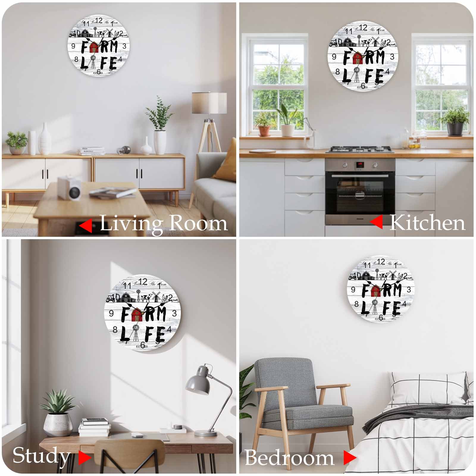 Wall Clock Farm Life Clocks PVC Silent Non-Ticking Battery Operated Decorative Farmhouse Barn Windmill Cow Chicken Tractor Wood Round Clock for Home Living Room Kitchen Bedroom Wall Decor 10 Inch