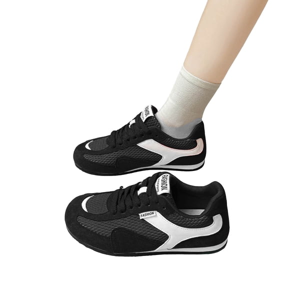 Womens Fashion Sneakers Breathable Mesh Suede Trendy Color Block Tennis Shoes Lace up Nonslip Round Toe Walking Shoes Black Size 6.5