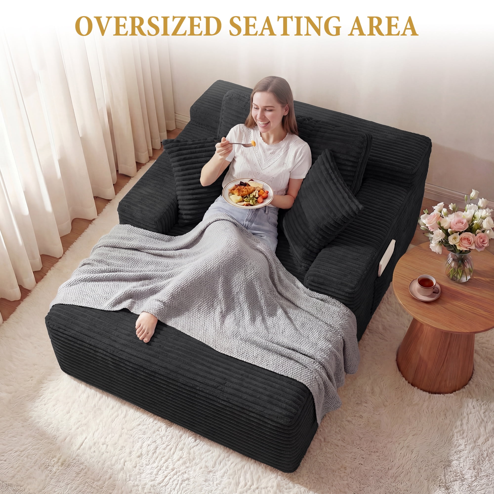 67" Corduroy Boneless Chaise Sofa for Living Room, 9.9'' Wide Armrest Lounge Chair, Indoor Oversized Sleeper Sofa, Deep Seat, 3 Soft Pillows Sofa Bed, No Assembly Required, Black