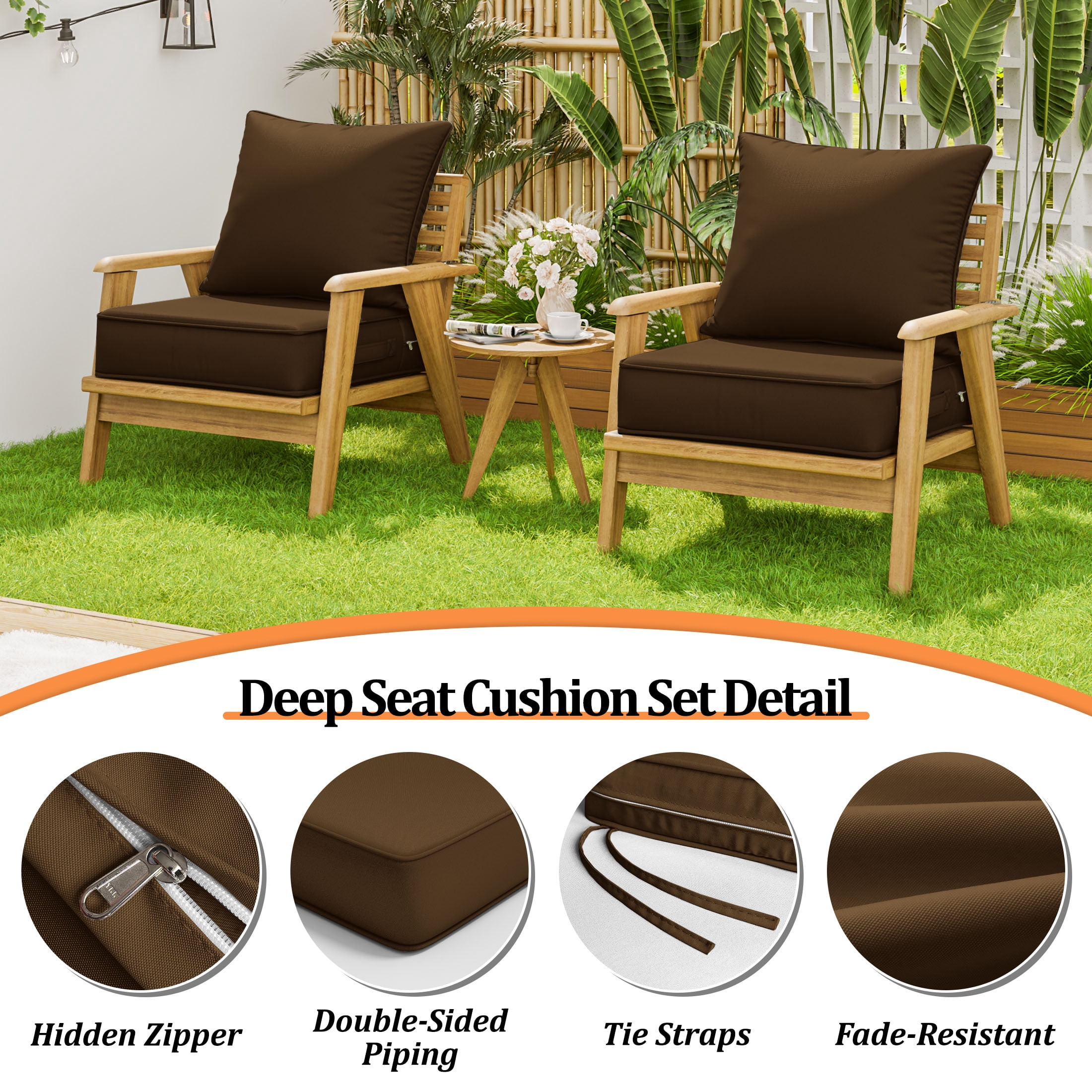 Kimunuk Outdoor Deep Seat Cushion Set for Patio Furniture, Splash-Proof & Fade Resistant, 22" L X 22" W X 4" H, Chocolate