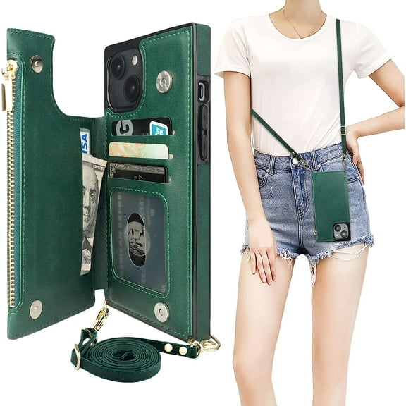 Crossbody Wallet Case for iPhone 14 Plus with RFID Blocking Card Slot Holder, Magnetic Flip Folio Purse Case, PU Leather Zipper Handbag with Detachable Lanyard Strap 6.7 Inch 5G (Brown)