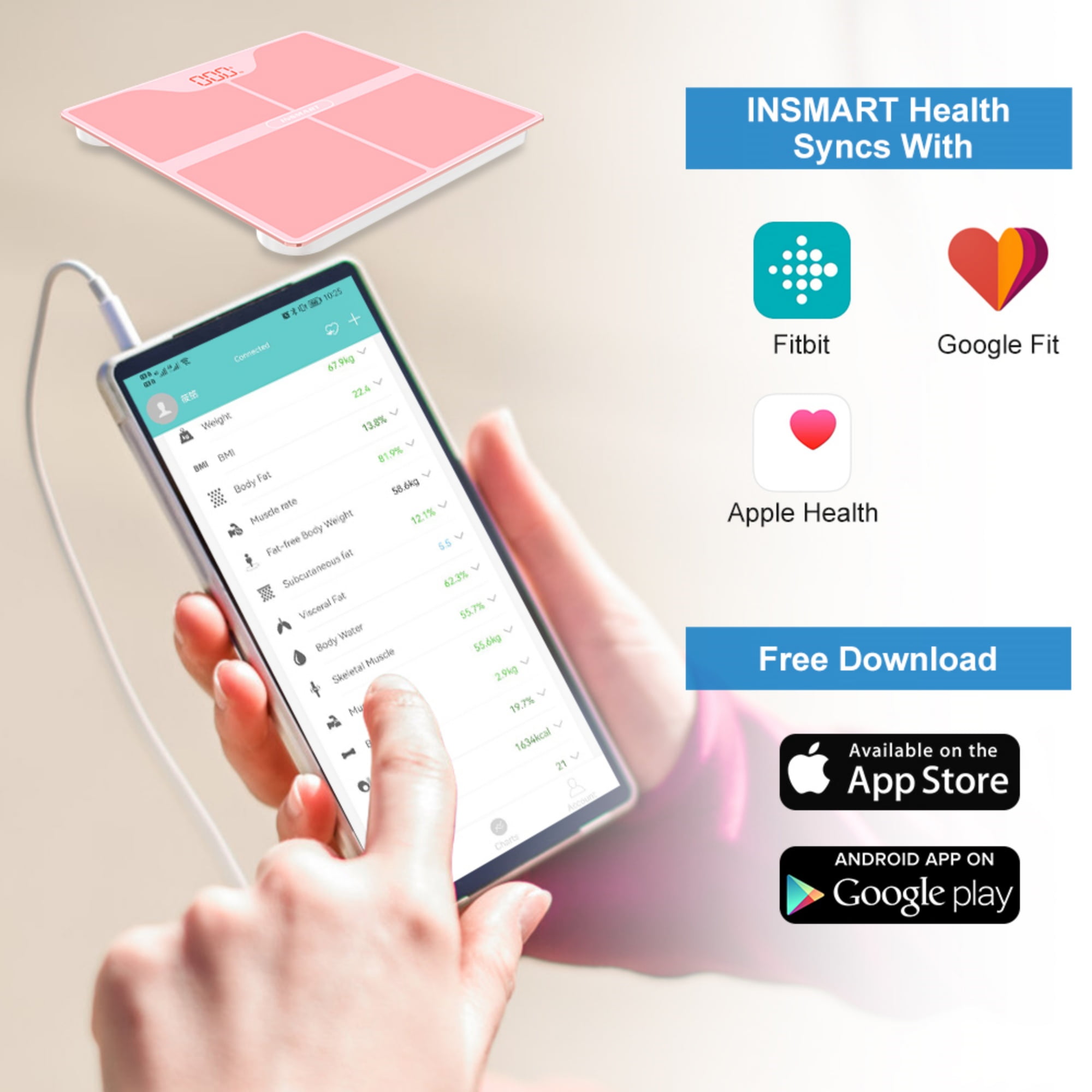 INSMART Bluetooth Body Fat Scale with App, Scale with BMI, Body Fat, Muscle Mass, 16 Body Composition Analyzer, 400lb, Gold Powder