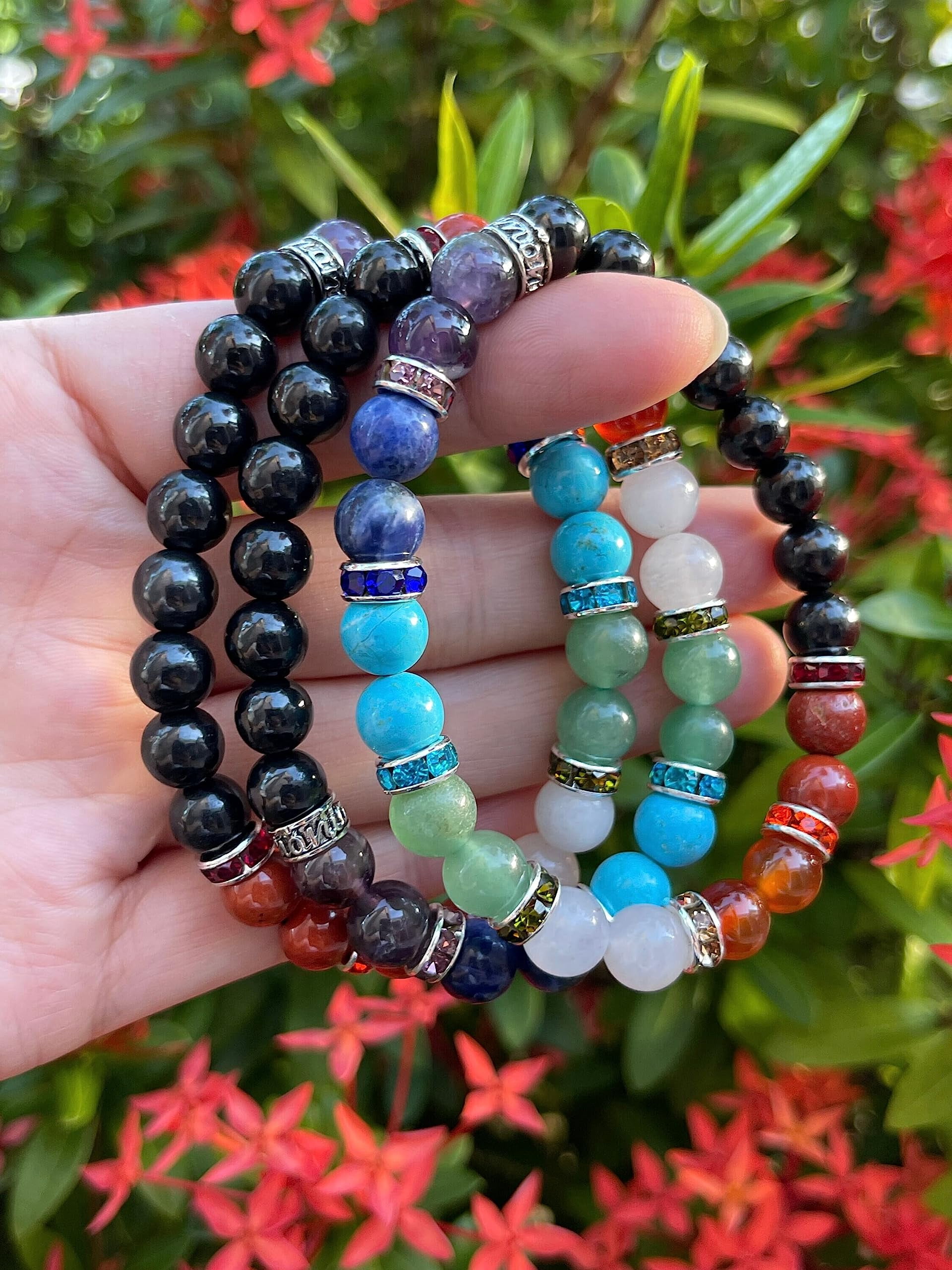 7 Chakra with Shungite Crystal Bead Bracelet 8mm, Wholesale Genuine 7 Chakra with Shungite Stretch Gemstone Bracelet, Gift for Men & Women (2)