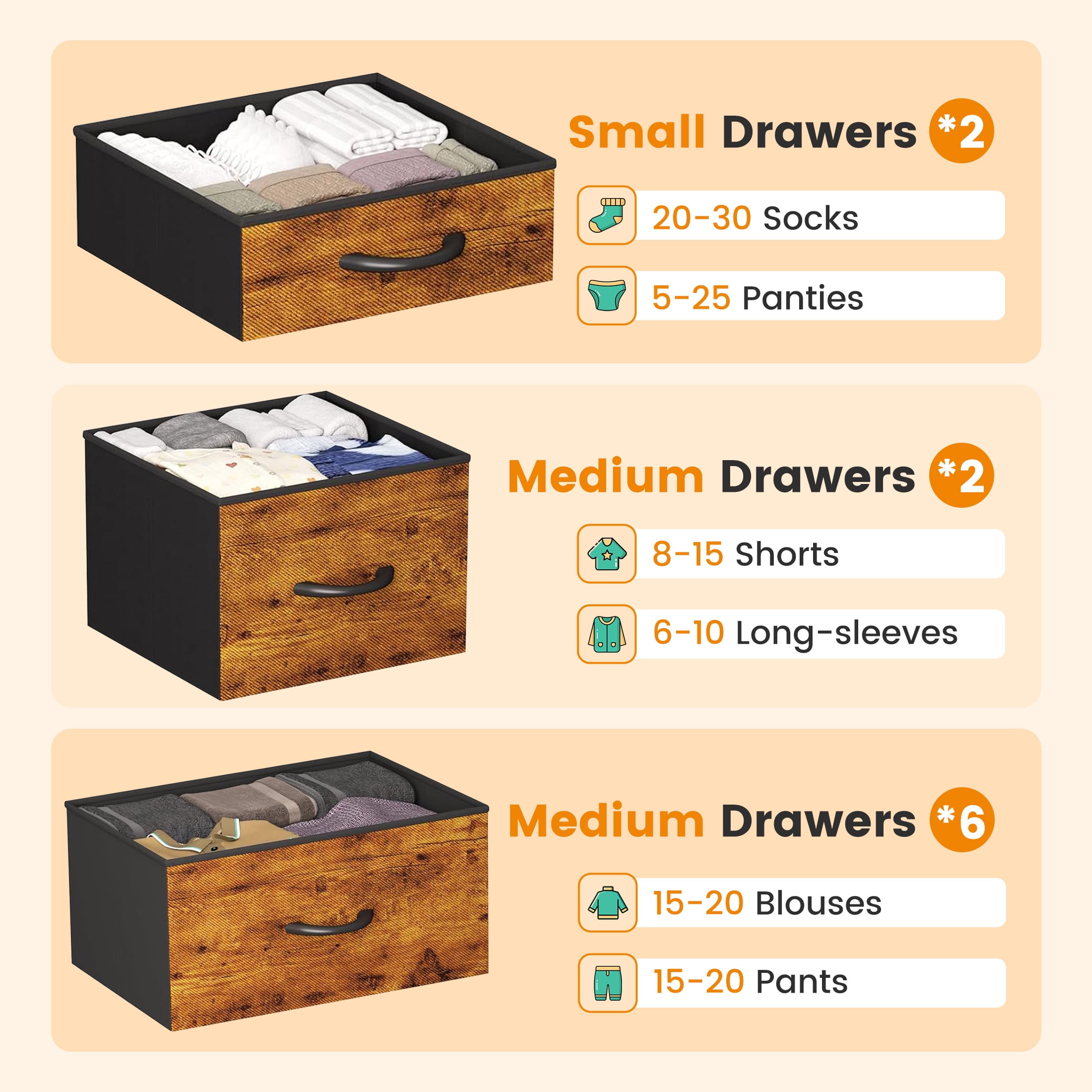 edx Dresser Storage with 10 Drawers, Fabric Dresser Tower with Side Bag, Storage Unit for Bedroom, Closet, Office, Rustic Brown