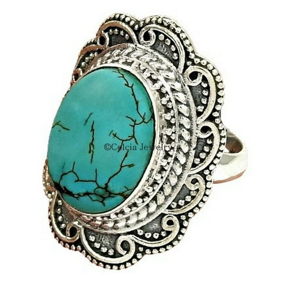 Natural Blue Turquoise Womens Ring, Statement Ring, Blue Stone Cabochon Oval Ring, Bridesmaid Gifts, Mothers Day Gifts, Bohemian Ring, Western Ring, December Birthstone Ring (turquoise, Size 7)