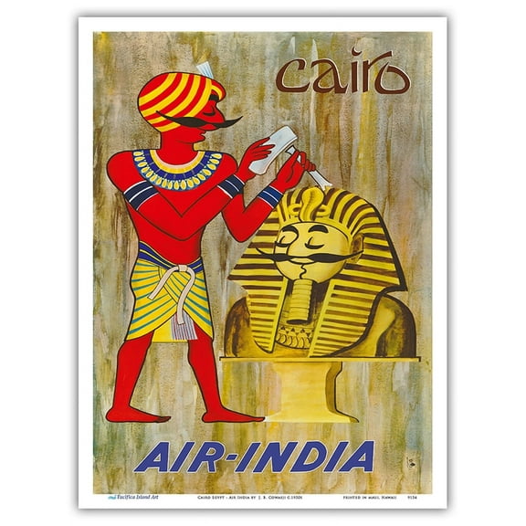Cairo Egypt - Maharajah as Sphinx Statue - Air India - Vintage Airline Travel Poster by J. B. Cowasji c.1950s - Master Art Print (Unframed) 9in x 12in