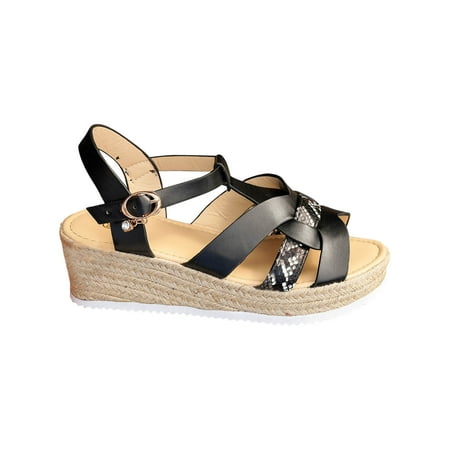 

Womens Espadrille Sandals with Wedge T-Strap Buckle Flats Sandals Open Toe Bohemian Platform Sandals Summer Dating