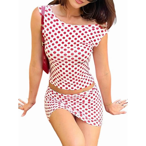 Women Polka Dot 2 Piece Outfits Spot Strapless High Waist Skirt Lounge Set Summer Rose Red S