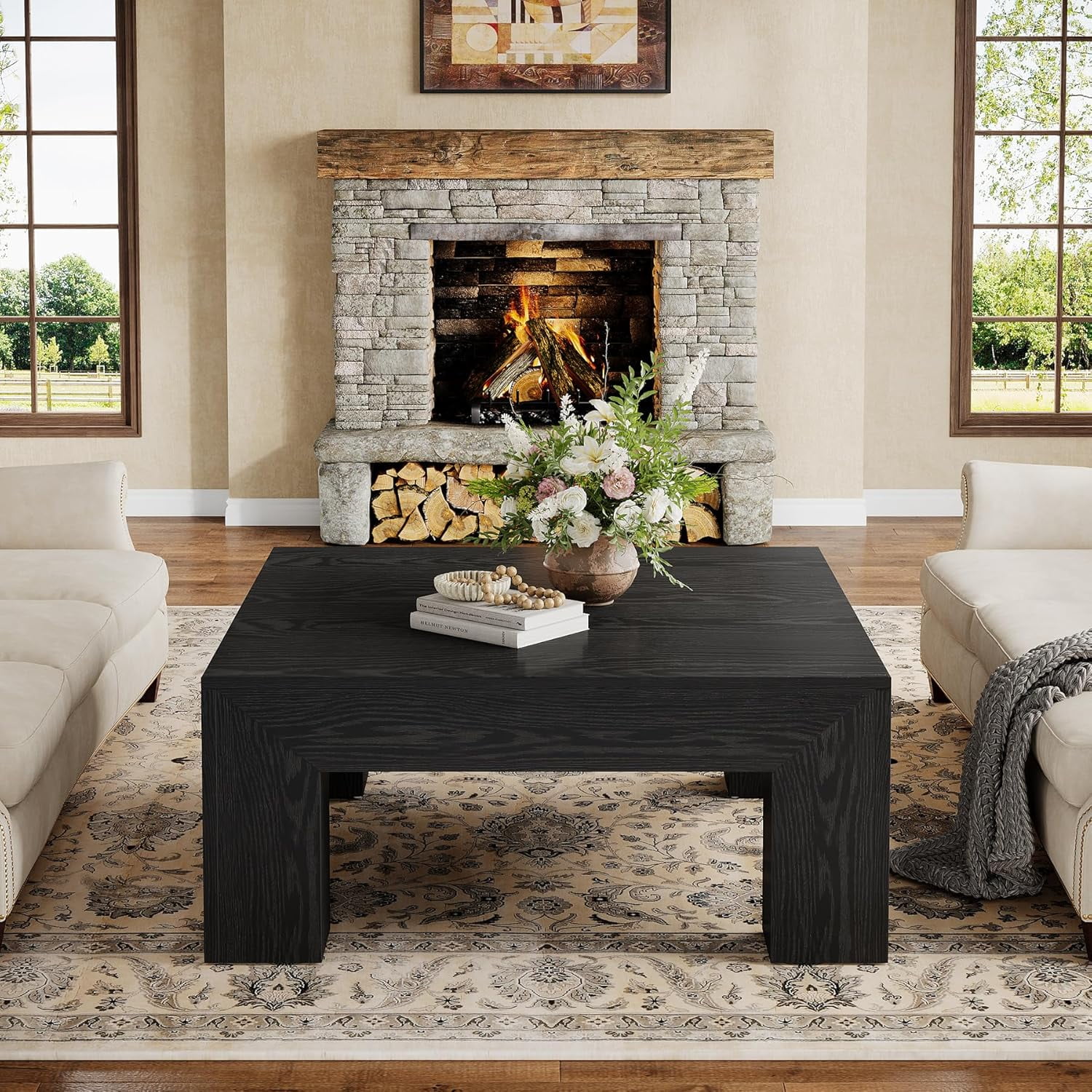 Finmind 39.4-Inch Square Coffee Table for Living Room, Farmhouse All Wood Accent Center Cocktail Table