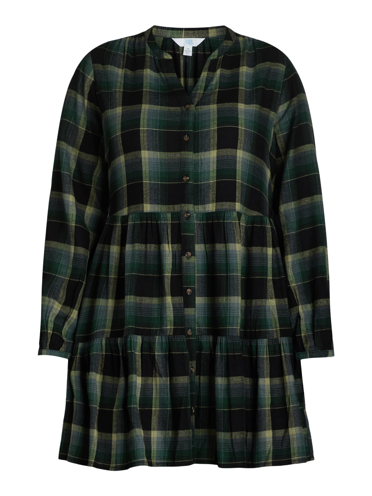 Time & Tru Women's Tiered Plaid Shirt Dress with Pockets, XS-4X, Button  Front, Relaxed Fit - Walmart.com