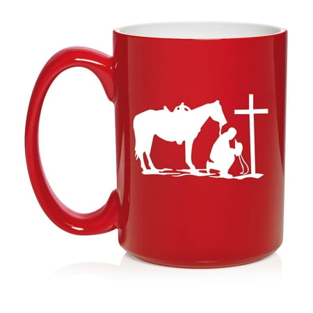 

Cowboy Praying Cross Horse Ceramic Coffee Mug Tea Cup Gift for Him Friend Coworker Husband (15oz Red)
