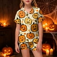 thumbnail image 2 of NIEWTR Girls Halloween Sleepwear Short Sleeve Pumpkin Printed Lapel Blouse Pajamas Sets Tops With Elastic Waist Shorts Two Piece Loungewear For Kids Trendy Nightwear, 2 of 5