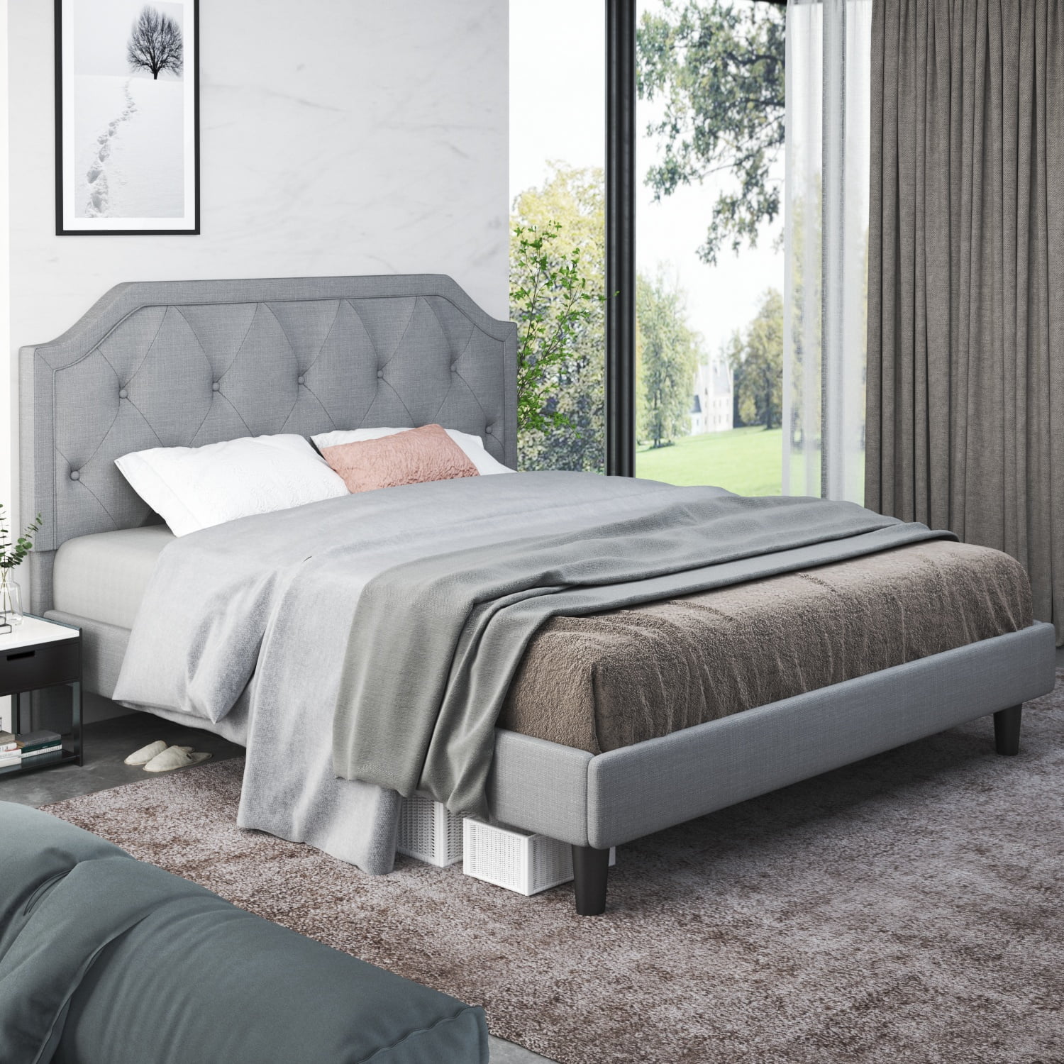 Amolife Queen Size Platform Bed Frame with Headboard and 4 Storage Drawers,  Button Tufted Style, Light Grey, Mattress Not Included