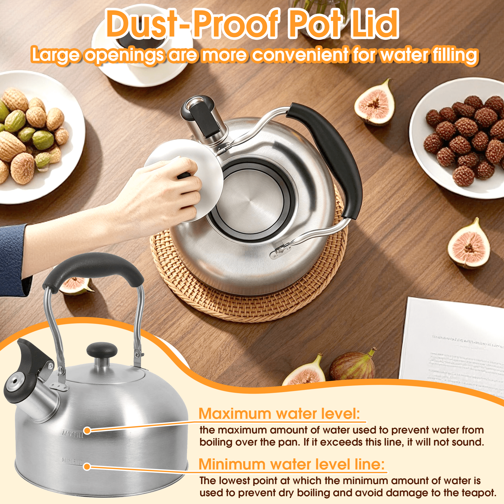 2L Stainless Steel Whistling Tea Kettle, Stovetop Water Kettle with Heat Resistant Handle, Dust-Proof Spout Stove Top Teapot for Gas & Induction Cooktops