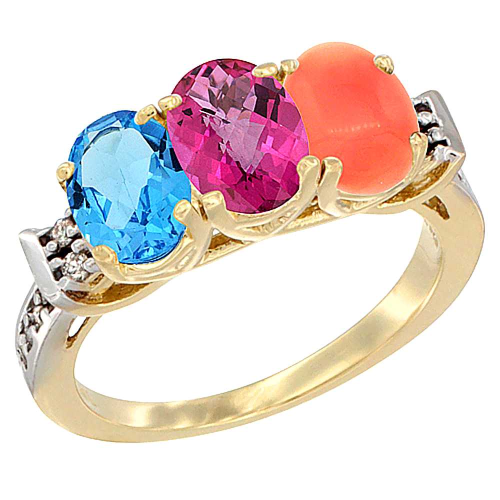 14K Yellow Gold Natural Swiss Blue Topaz, Pink Topaz & Coral Ring 3-Stone 7x5 mm Oval Diamond Accent, sizes 5 10 by WorldJewels