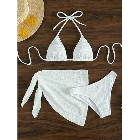 New 3 Pieces Set Swimsuit Women Thong Swimwear Sexy Micro Bikini Set With Sarong Skirts Cover Up Beach Wear Bathing Suit White