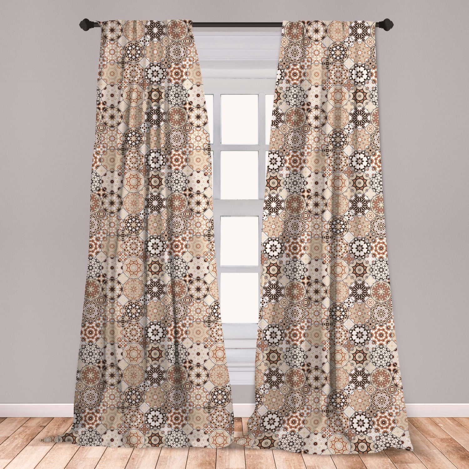 Eastern Curtains 2 Panels Set Octagonal And Square Ornaments Retro Colored Old Fashioned Tile Window Drapes For Living Room Bedroom Dark Brown Pale Brown By Ambesonne Walmart Com Walmart Com