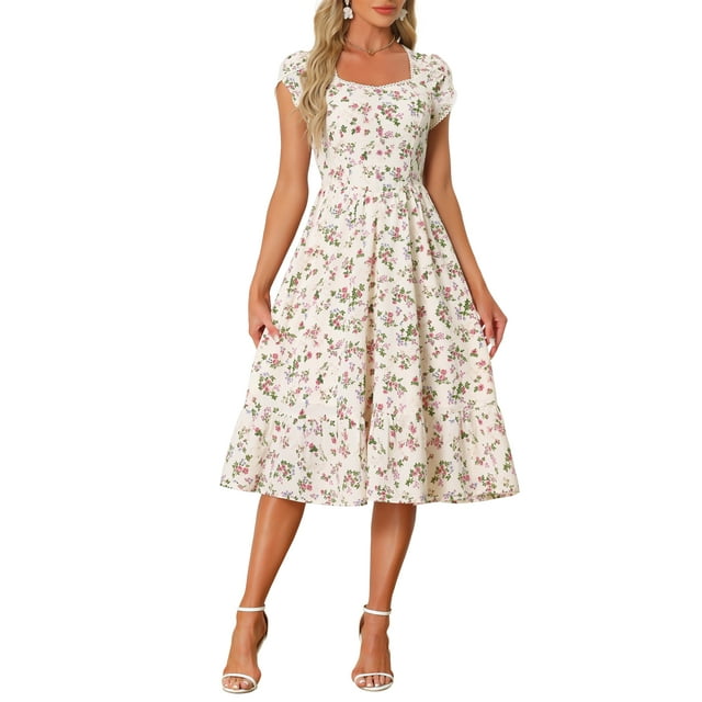 Vestido Midi Chic para Mujer, Verano, Cuello Cuadrado, Manga Corta, Estilo Boho, Floral, Talla XL, Rosa y Púrpura