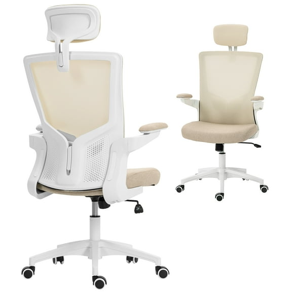 HOMCOM Ergonomic Office Chair, Desk Chair with Adjustable Headrest, Beige