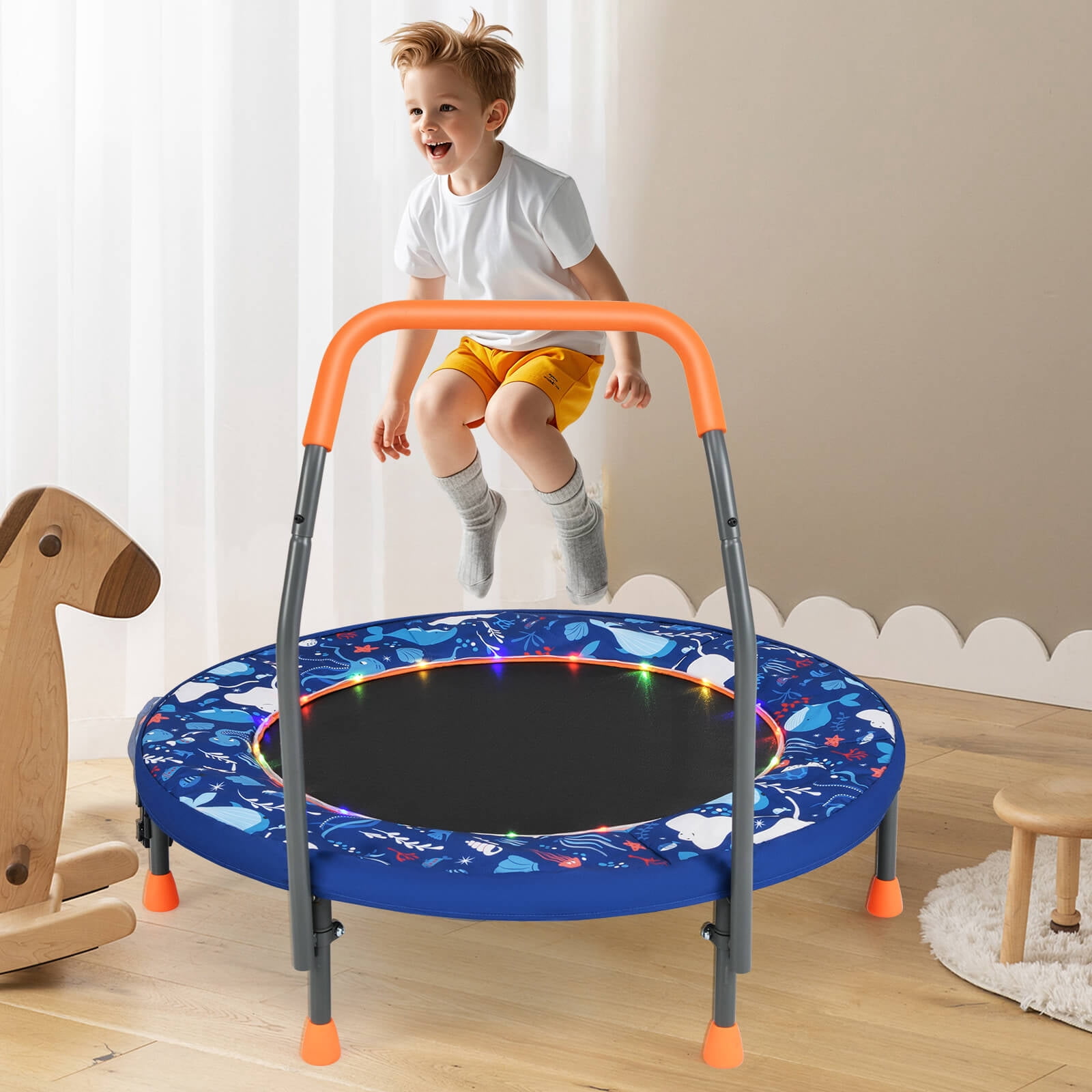 Infans 36" Foldable Kid Trampoline w/ 20 LED Lights Foam Handlebar Padded Safety Cover