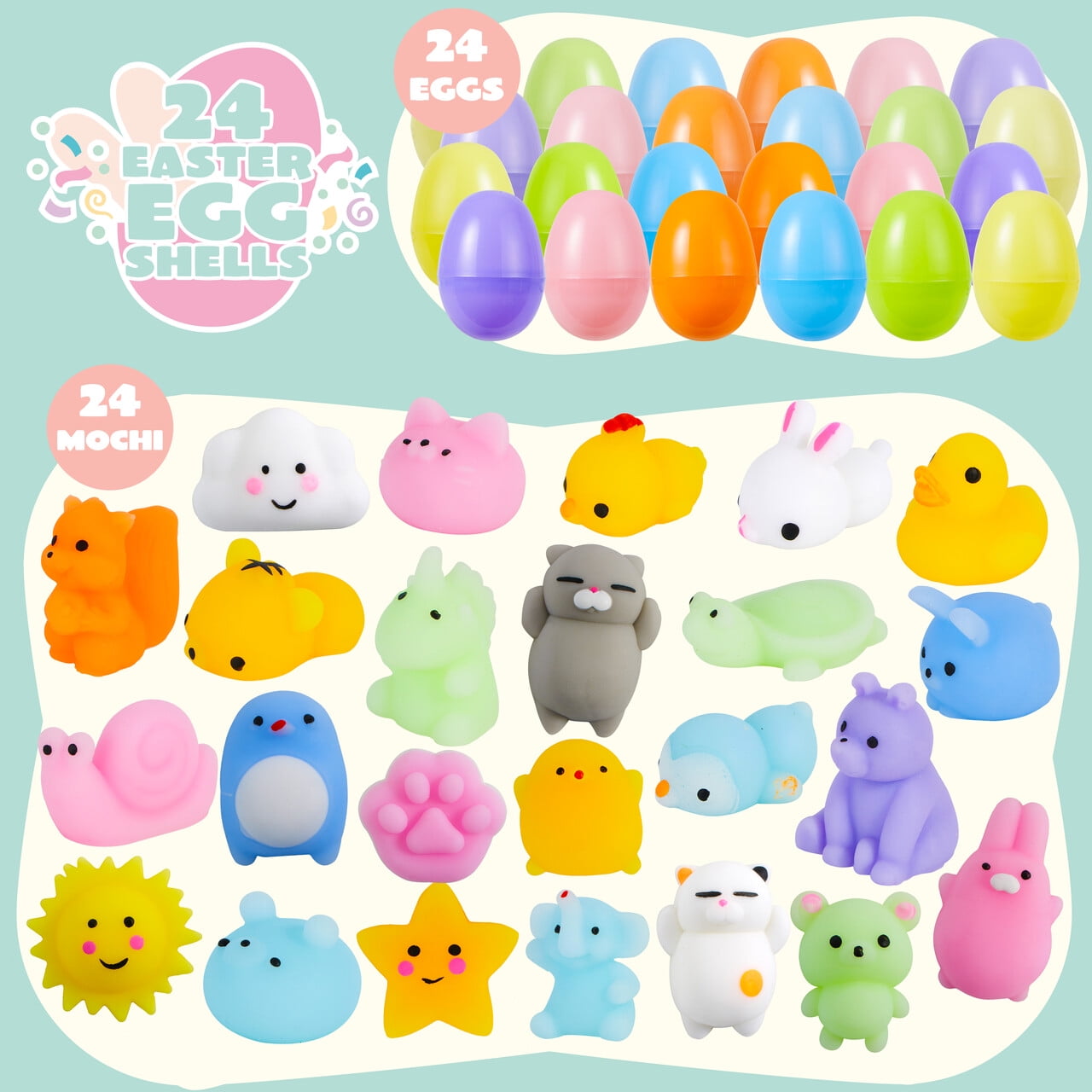 Joyfy 24 Pack Prefilled Easter Eggs with Toys,Mochi Squishy Small Toys for Easter Eggs,Stuffed Easter Baskets for Toddler Kids
