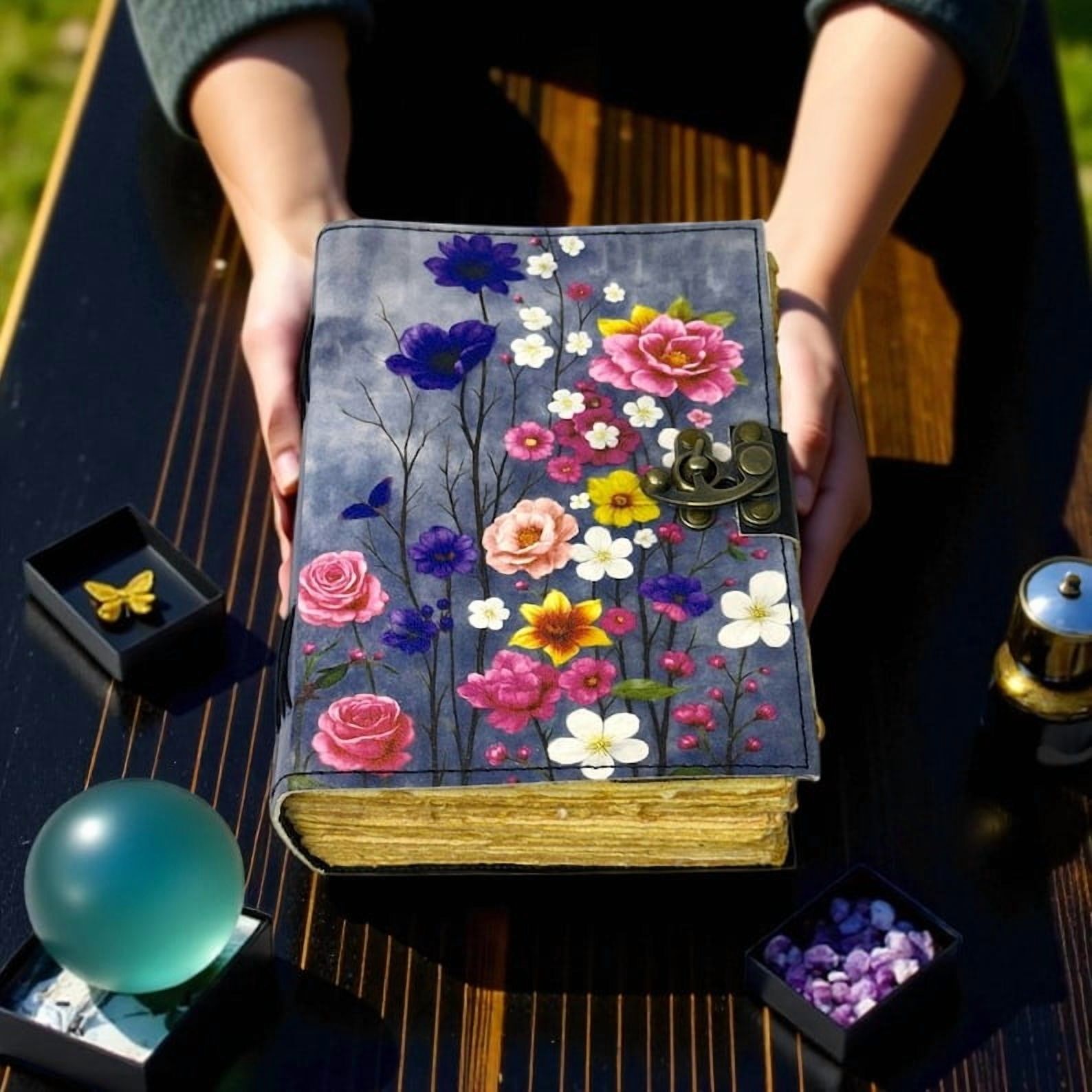 Handmade Leather Journal with Colorful Floral Artwork – 5x7 Inch Vintage Notebook, 200 Pages of Handmade Paper, Antique Latch – Writing, Sketching & Gift Diary