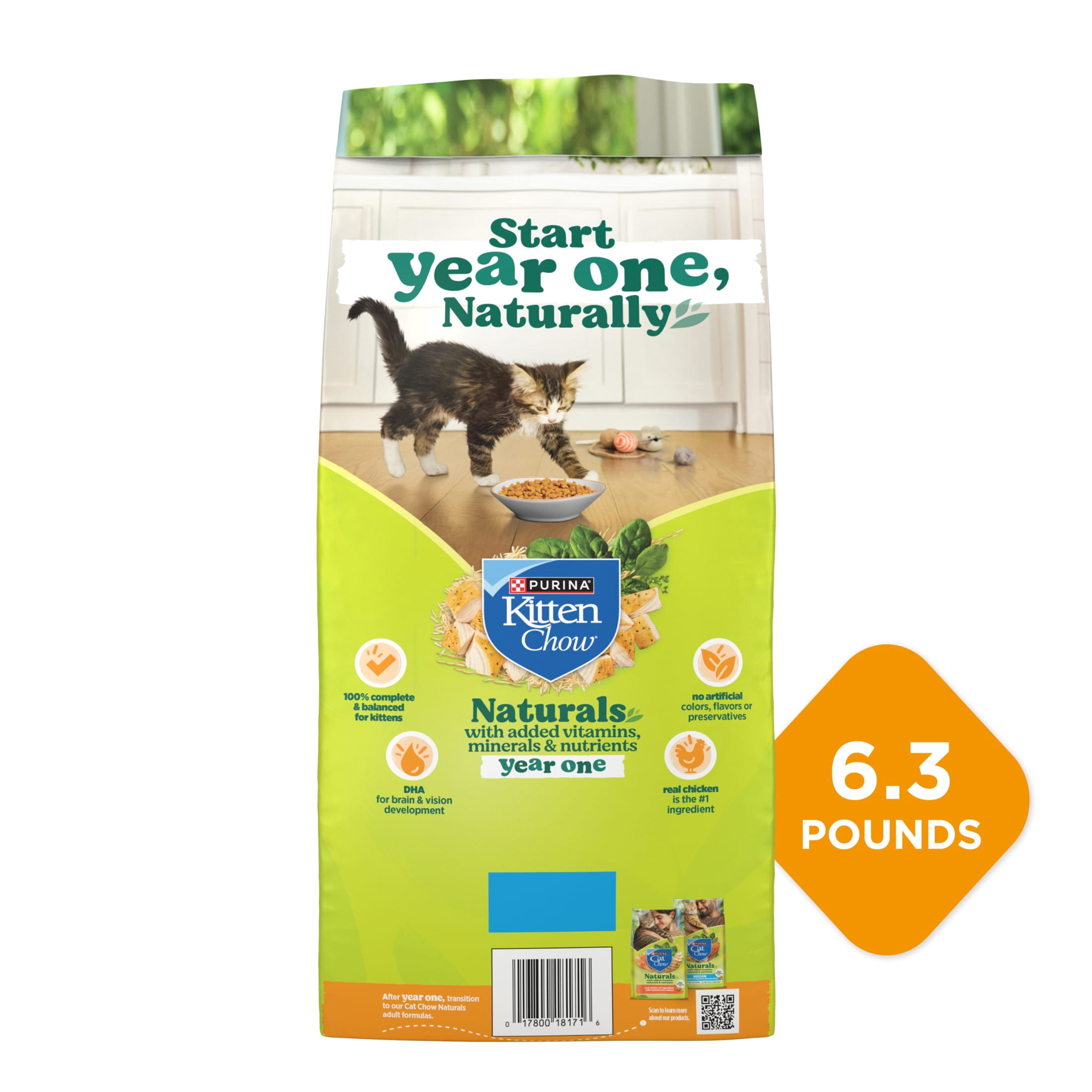 Purina Kitten Chow Naturals Chicken Flavor Dry Cat Food for Kittens, 6.3 lb. Bag, 4 Pack